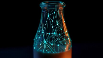 Innovative digital network visualization inside laboratory flask with glowing blue connections and orange light against black background in scientific technology research