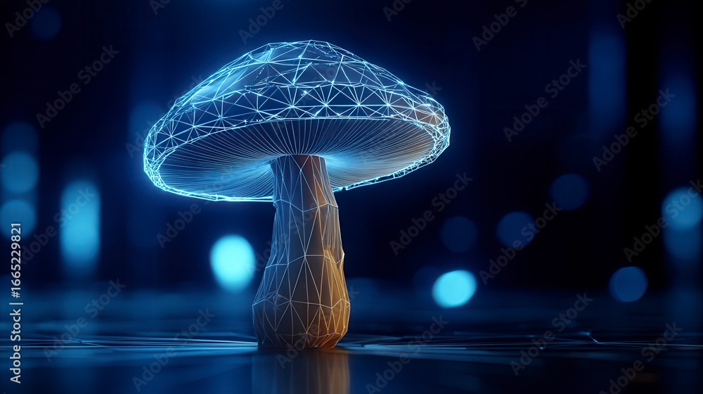 Poster futuristic glowing digital mushroom with wireframe design against dark blue background with bokeh li