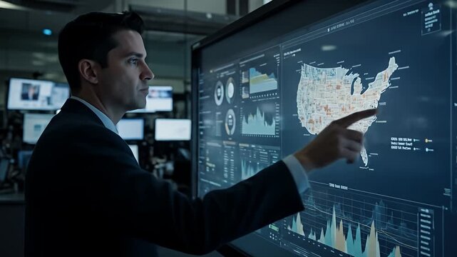 Man in suit pointing at large screen displaying data charts and map of the USA