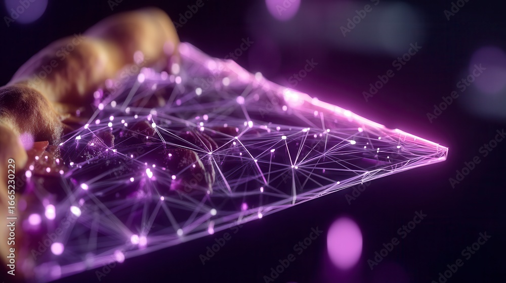 Poster innovative hand holding glowing purple network visualization with connected nodes and lines represen