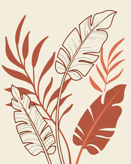 Obraz premium Bohemian tropical leaves in terracotta and outline style