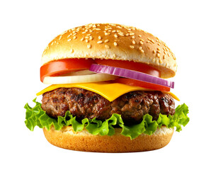  Classic Beef Burger with Lettuce, Tomato, and Cheese, Isolated on Transparent Background