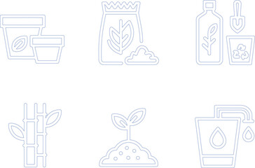 Blue Outline Icons Set on White Pot, Fertilizer, Sprout, Recycle, Water, Bamboo