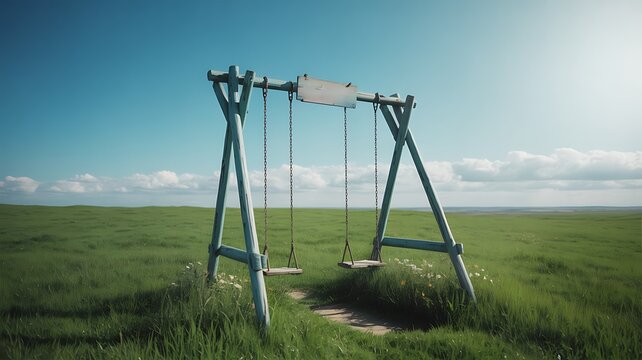 Wooden swing set in a green grassy field under blue sky