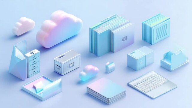 Isometric office objects in pastel, iridescent hues