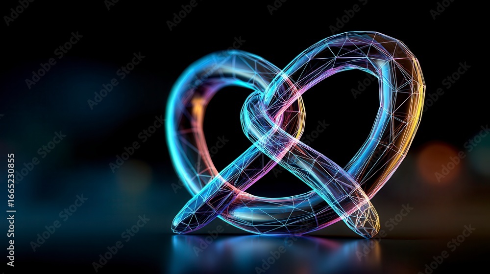 Poster futuristic glowing 3d knot shape with colorful neon wireframe design against dark background, repres