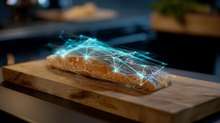 Innovative food technology concept with raw salmon fillet on wooden cutting board overlaid with glowing blue network visualization in dark kitchen setting