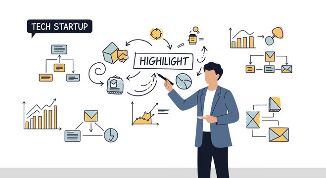 Business strategy illustration of a tech startup highlighting market analysis and data driven