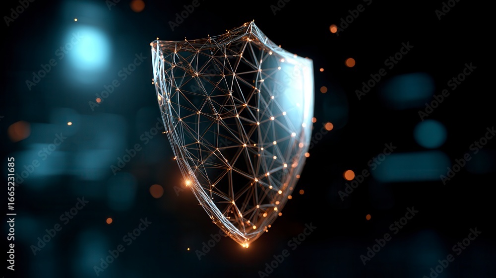 Poster innovative digital shield made of glowing network connections against dark background with bokeh lig