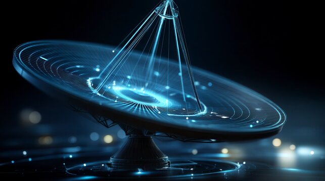 Futuristic glowing satellite dish with blue holographic projection beaming data in dark space environment - advanced telecommunications technology concept with free copy space - Powered by Adobe