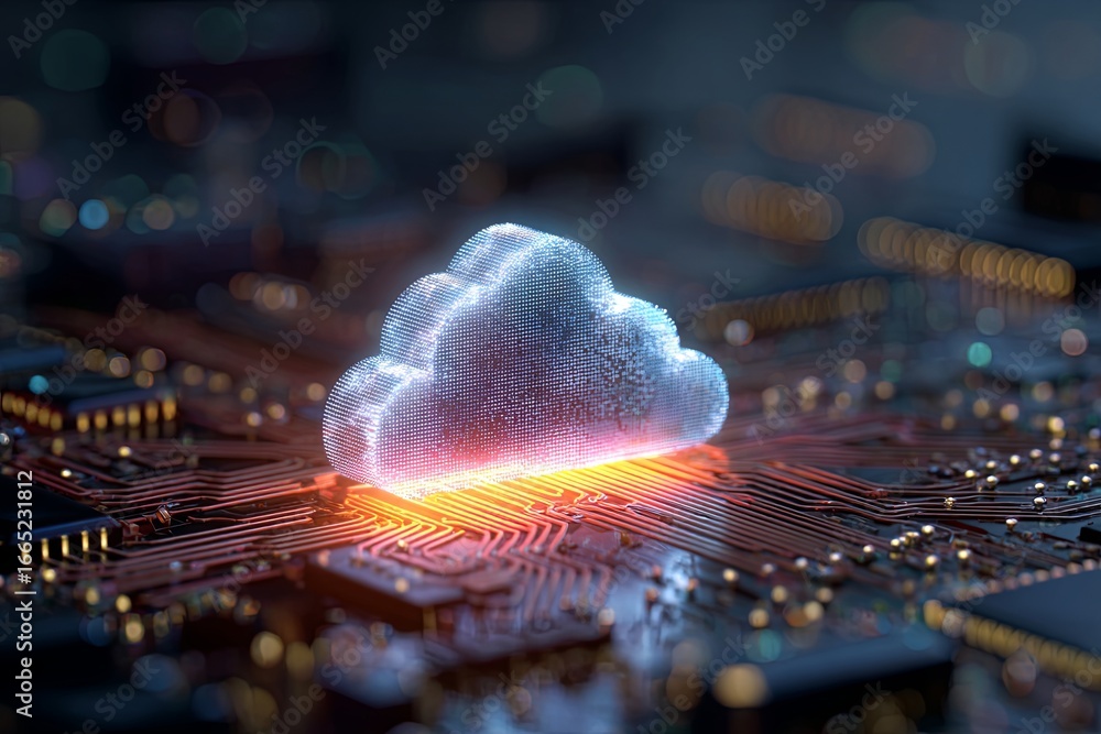Aufkleber futuristic cloud computing concept with neon glow on circuit board with data transfer visuals for te