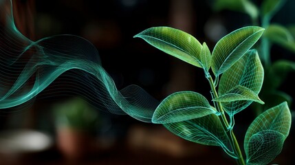 Innovative digital plant with glowing wireframe leaves and flowing energy waves against dark background - sustainable technology concept for environmental solutions