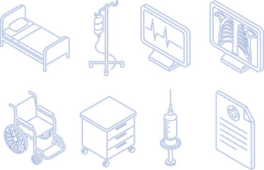 Blue Outlined Hospital Equipment Set, Bed, Wheelchair, IV Drip, Syringe, Medical Chart