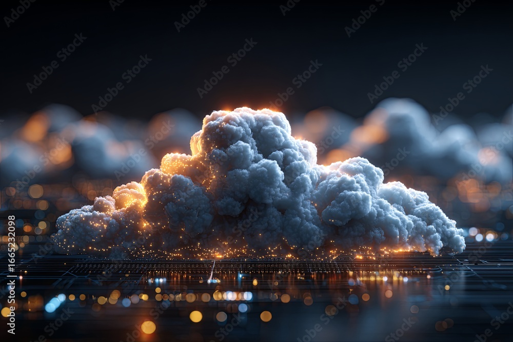 Aufkleber digital cloud with glowing data streams and cyber security visualizations in a dark atmosphere, repr