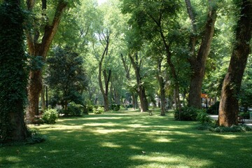 Lush parkland lined with mature trees.