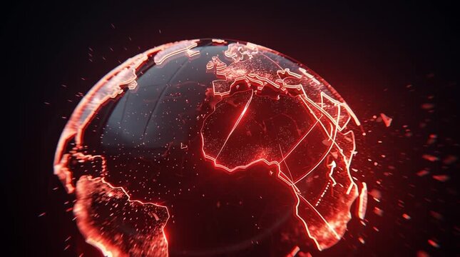 A glowing 3D glass Earth begins to crack as red tariff lines spread across its surface. In slow motion, the fragile globe shatters, symbolizing global trade tension, economic fragility, and geopolitic