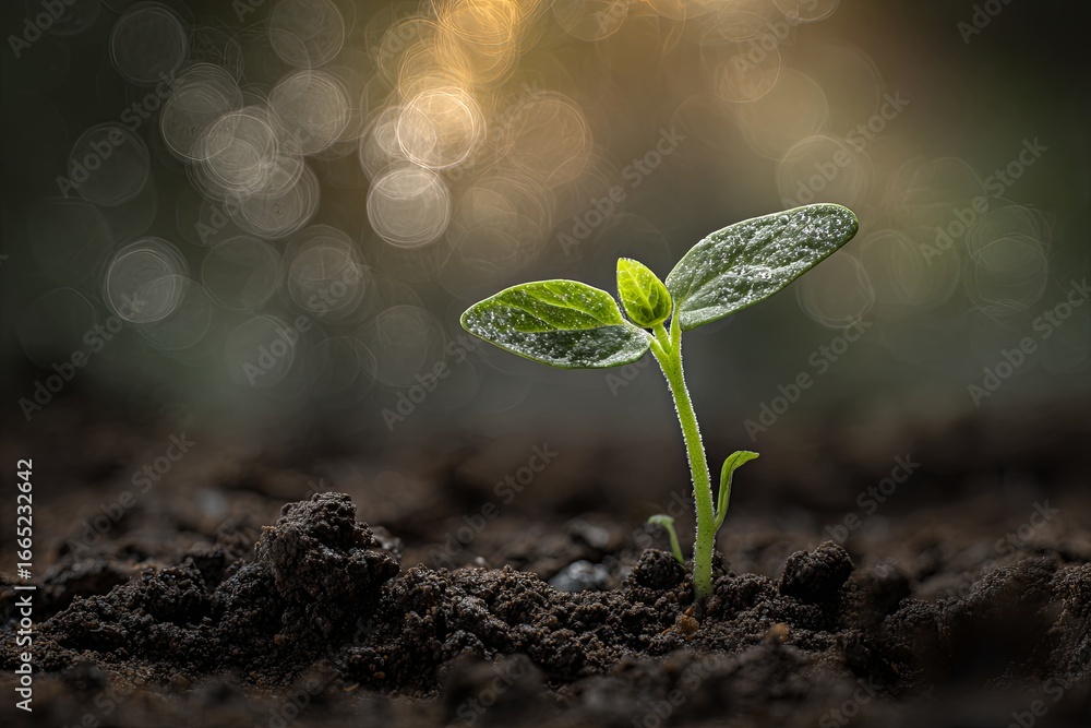 Poster fresh green seedling emerging from dark soil with glowing bokeh background in soft natural light