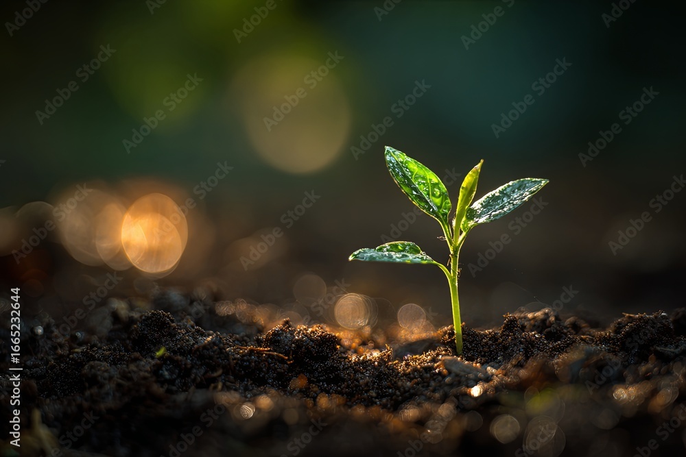 Poster fresh green seedling emerging from dark soil with glowing bokeh background in soft natural light