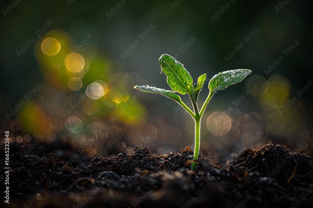 Poster fresh green seedling emerging from dark soil with glowing bokeh background in soft natural light