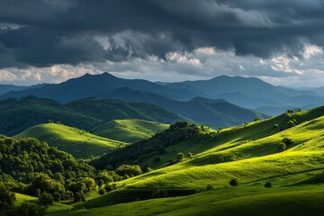 Fototapeta premium Lush Green Hills Under Dramatic Sky with Clouds and Mountains in Background Capturing the Beauty of Nature in the Morning Light
