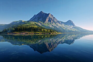 Majestic Mountain Landscape with Serene Reflection in Water Under Clear Blue Sky