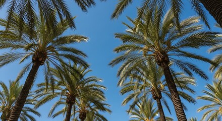 Looking Up Through Tall Palm Trees to a Clear Blue Sky.