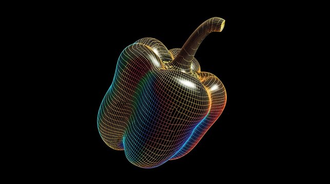 Innovative 3D wireframe bell pepper rendered with glowing multicolored grid lines against black background, digital food art for technology advertising