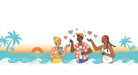 Obraz premium Cartoon illustration of friends enjoying cocktails on a tropical beach vacation at sunset