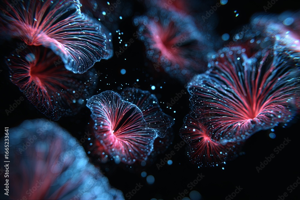 Poster abstract representation of red and blue organic shapes on black background, resembling intricate mic