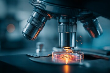 Close-Up View of a Modern Microscope with Bright Light Illuminating a Glass Slide in a Laboratory Setting
