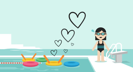 Cartoon Swimmer with Heart Embellishments at Aquatic Center Illustration