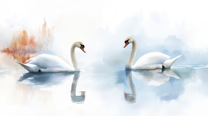 Obraz premium Delicate watercolor painting of two elegant swans swimming gracefully on serene lake, reflecting their beauty in water