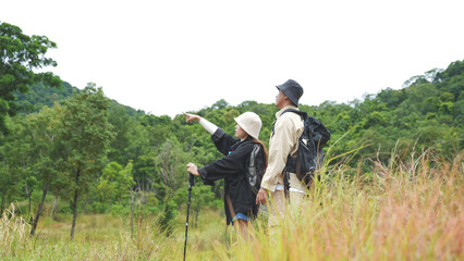 Fototapeta premium Active senior couple hiking on a trail through a lush green forest, enjoying outdoor nature, fitness, and adventure together.