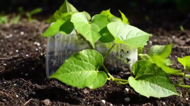 A young plant with heart-shaped leaves growing in a garden, using a cut plastic bottle as a recycled and upcycled DIY planter to represent sustainability.
