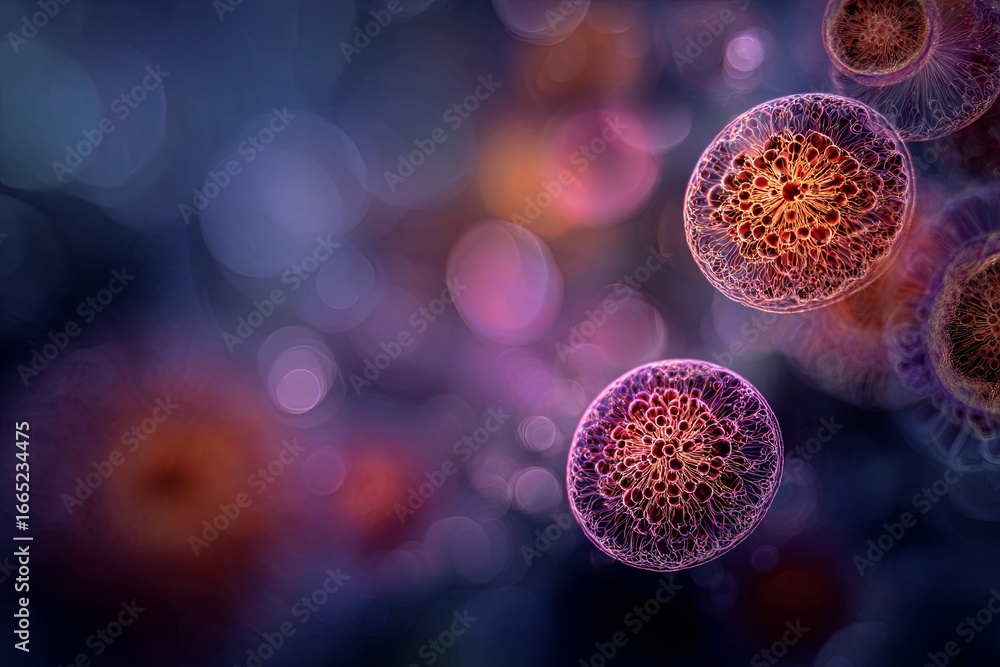 Poster vibrant microorganisms in abstract nature inspired artwork with soft focus and dreamy bokeh effect