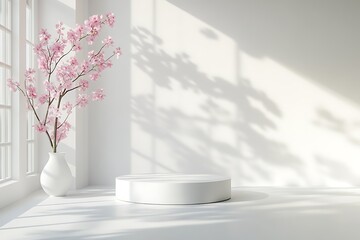 White product display podium with cherry blossom for minimal presentation scene