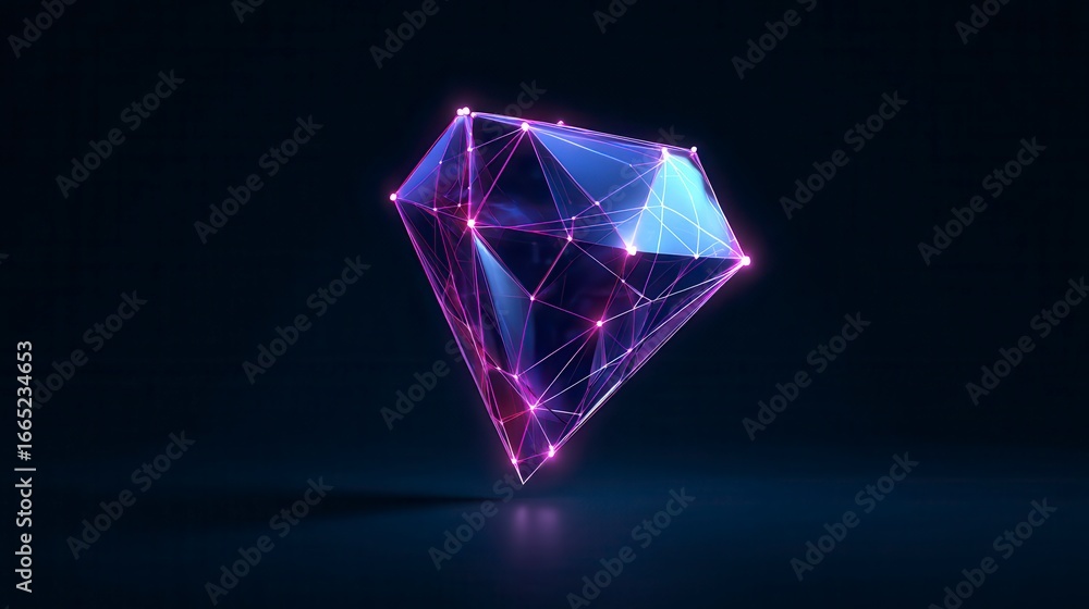 Poster futuristic glowing neon diamond shape with connected nodes floating against dark background, digital