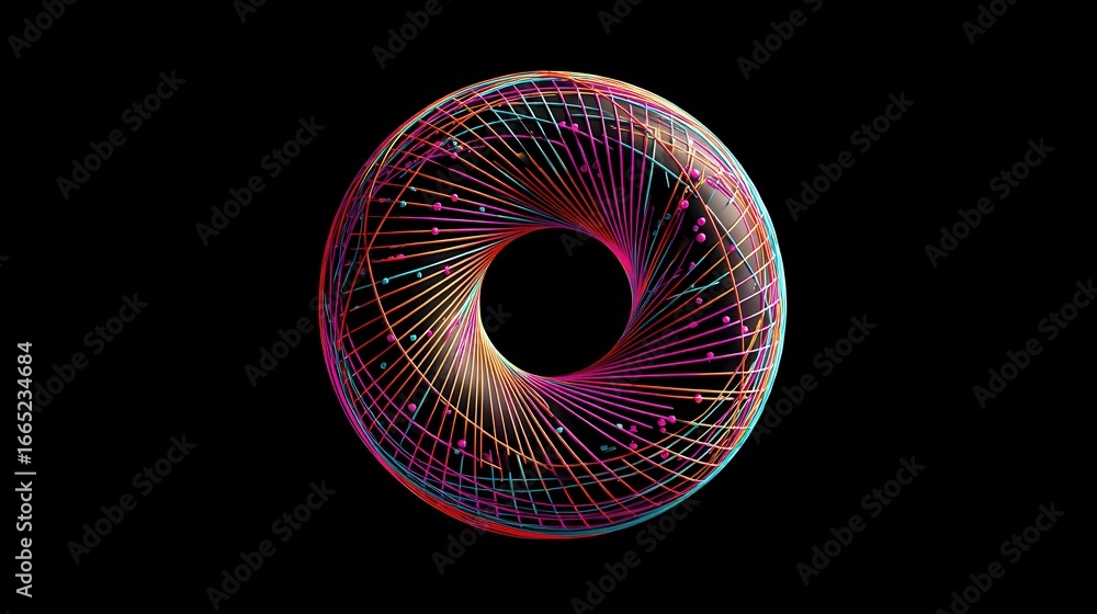 Poster vibrant colorful geometric torus shape with spiral string art pattern against black background, digi