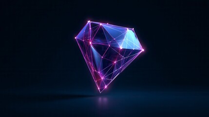 Futuristic glowing neon diamond shape with connected nodes floating against dark background, digital network visualization in pink and blue hues for technology or blockchain concept