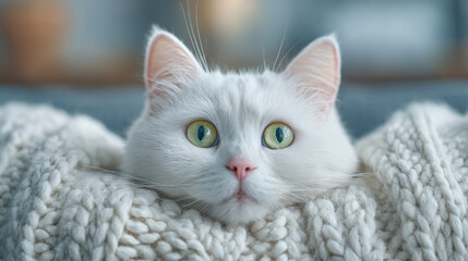 Fluffy white cat peeking out from a cozy blanket.