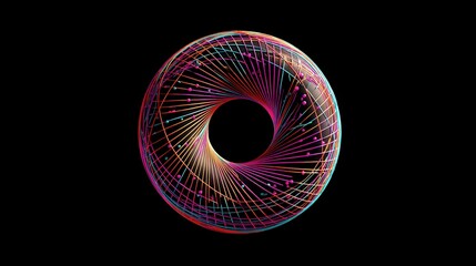 Vibrant colorful geometric torus shape with spiral string art pattern against black background, digital 3D visualization for technology concept or data representation with free copy space