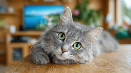 Cozy gray cat lounging on a wooden table in a home setting.