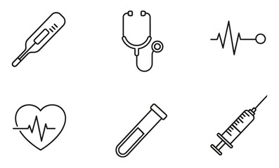 Medical Icon Set Thermometer, Stethoscope, Heart Rate, Test Tube, and Syringe illustrations for healthcare diagnosis and treatment. 