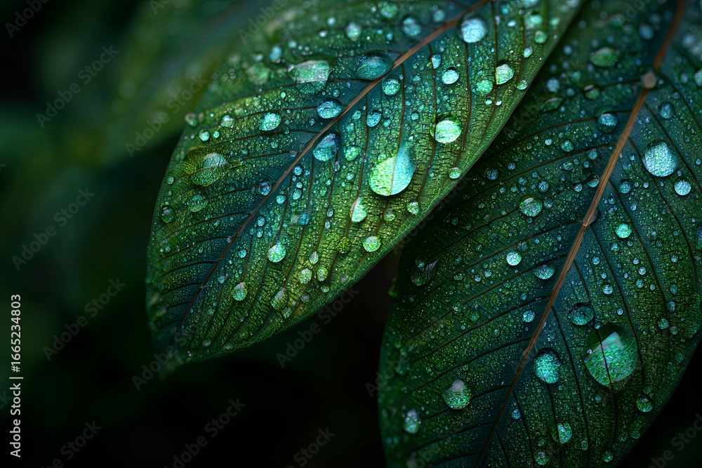 Poster Close-Up View of Leaf Structure with Water Droplets Highlighting Intricate Patterns and Textures in Green Vegetation