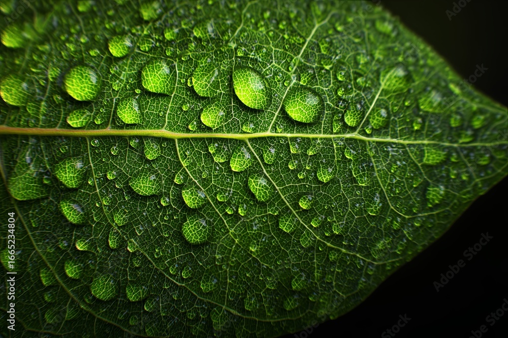 Aufkleber close-up view of leaf structure with water droplets highlighting intricate patterns and textures in 