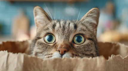 Curious cat peeking out from a paper bag.