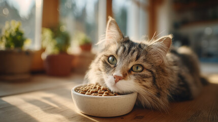 Cat resting beside a bowl of food in a sunlit room.