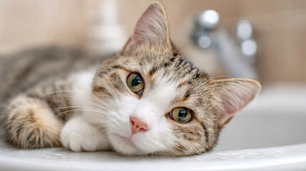 Curious cat relaxing on a sink countertop.