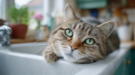 Curious cat resting on a sink with soft background focus.