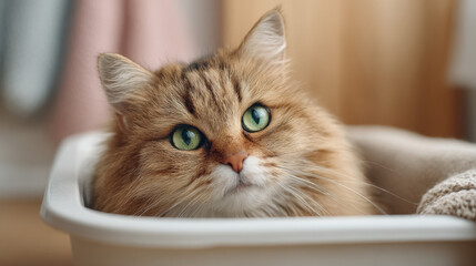 Fluffy cat lounging in a cozy basket, gazing curiously.